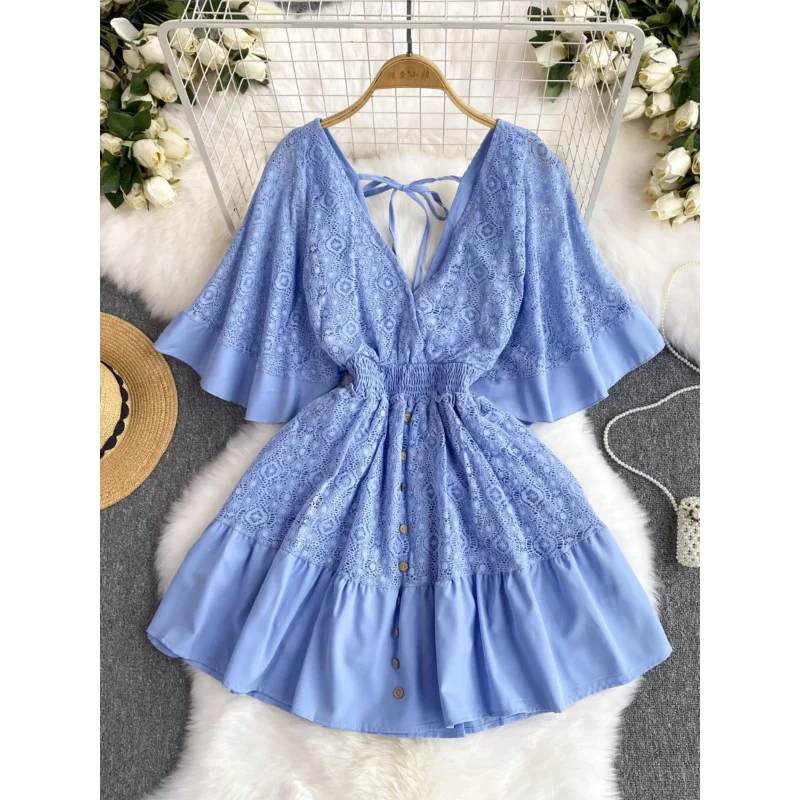 Vacation style 2026 New summer niche sexy deep-cut styleVSweet dress with lace collar, waist-cinching design, and bell sleeves