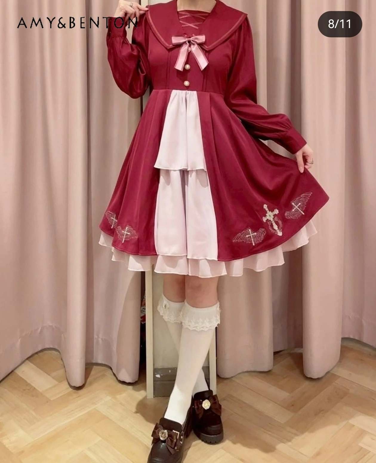 Japonês doce cruz bordado em camadas vestido de manga longa estilo universitário bonito gola marinha arco magro vestido de comprimento médio para mulher