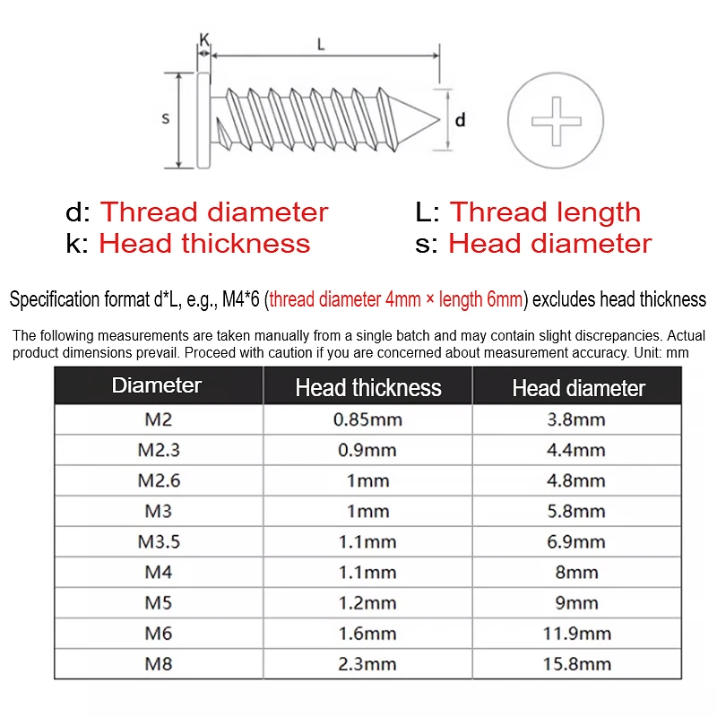 Black 304 Stainless Steel Phillips M2 M2.3 M2.6 M3 M3.5 M4 M5 M6M8 Ultra Thin Super Low Cross Flat Wafer Head Self Tapping Screw