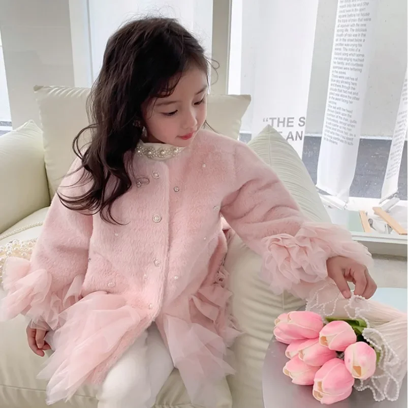 Spring Autumn Kids Girls Coat Jacket Outwear  Sweet Faux Fur Warm Plus Velvet Thicken Winter Woolen Coat Outdoor Fleece Clothes