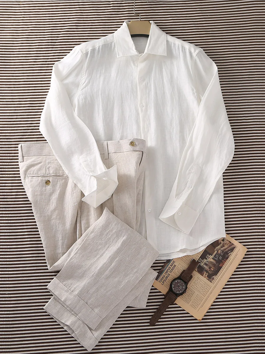 Italian Casual Dew Retted Flax 100% Linen White Long Shirt for Men, Breathable Thin Jacket