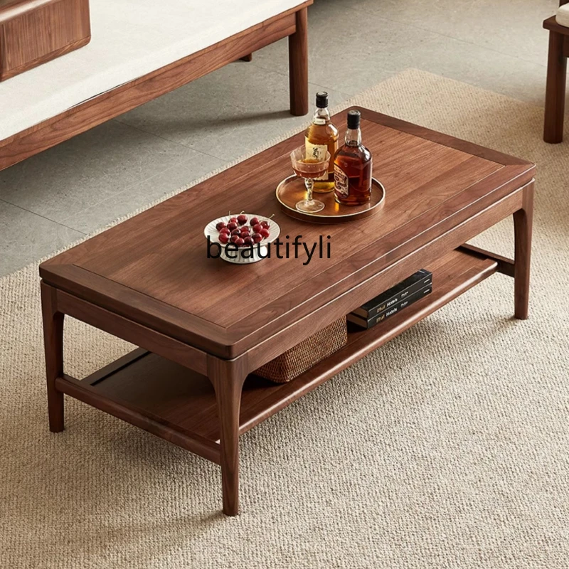 

North America Black Walnut Wooden Tea Table Nordic Simple Solid Wood Double-Layer Coffee Table Living Room Home Tea Table