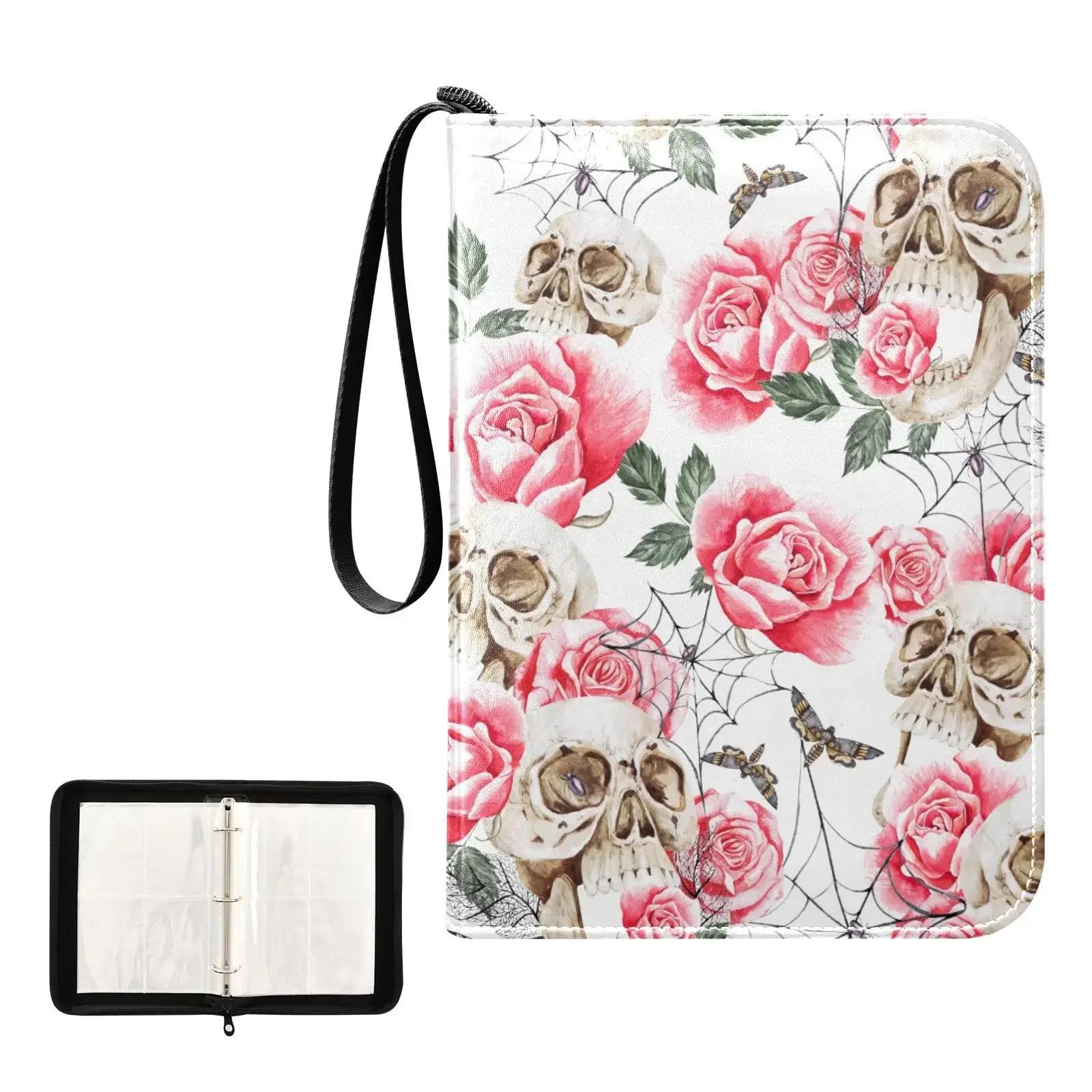 Skull Pink Roses 4 Pocket Card Binder, 400 Double Sided Pocket Album for Sport Game Cards, Unique Card Collection Storage