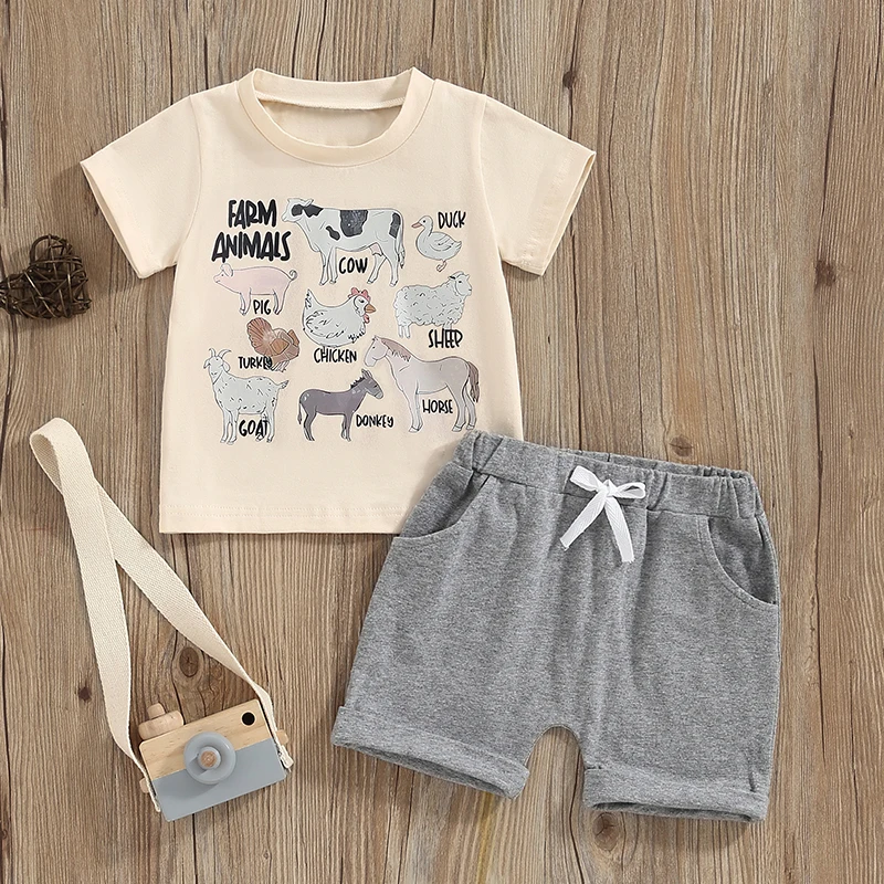 Kids Toddler Boys Farm Outfits Educational Farm Life Animals T-Shirt and Shorts Set 2Pcs Summer Clothes