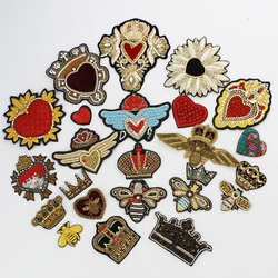 Crown Bee Badge Love Heart Indian Silk Beaded Applique Patches Vintage Embroidered Sewing Craft