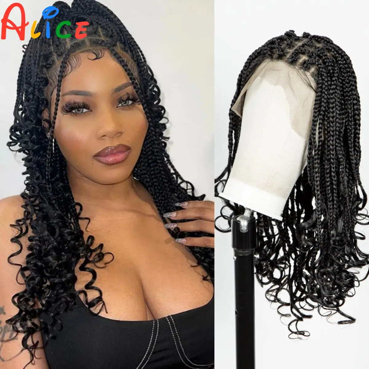 Perucas trançadas cheias de renda para mulheres, sem nós sintéticos, tranças box, cabelo de bebê, boho, encaracolado, 360 °