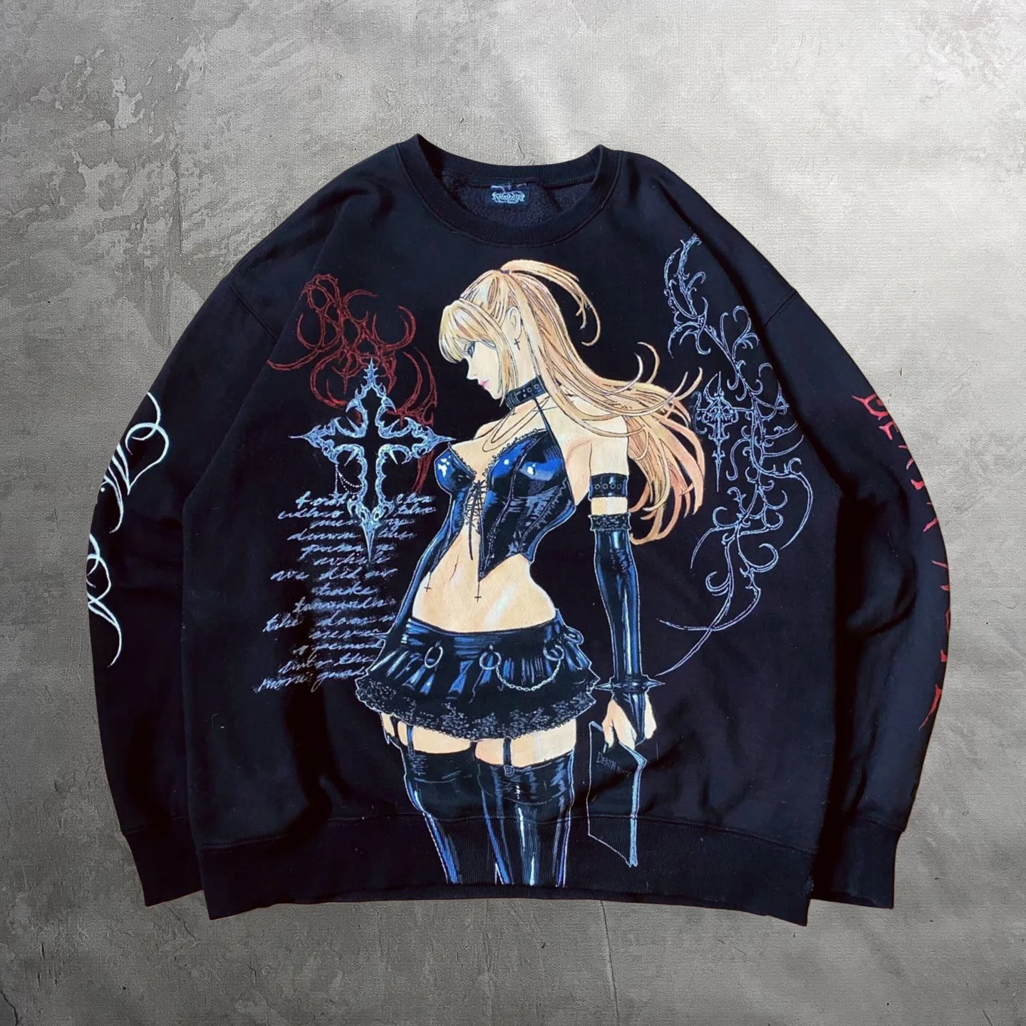 Harajuku Y2k Retro Anime Graphics Black Sweater Loose Fashionable Letter Style Unisex Gothic Hip Hop Round Neck Sweaters