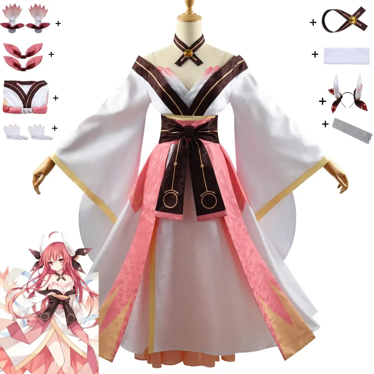 

Anime DATE A LIVE Kotori Itsuka Cosplay Costume Ratatoskr Efreet White Pink Dress Cloak Woman Sexy Halloween Christmas Suit