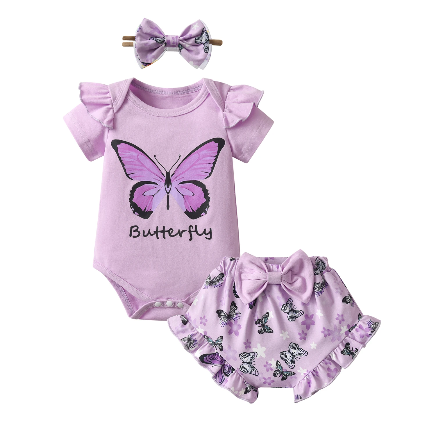 

3Pcs Set Newborn Baby Girl Clothes Cute Summer Butterfly Print Short Sleeve Bodysuit Top + Bowknot Shorts Headband Outfit