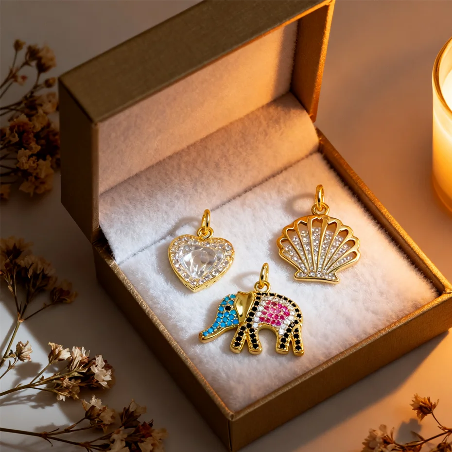 2 uds colgantes de latón Zirconia cúbica elefante Shell corazón dijes joyería DIY para Mujeres Hombres moda collar fabricación de pulseras