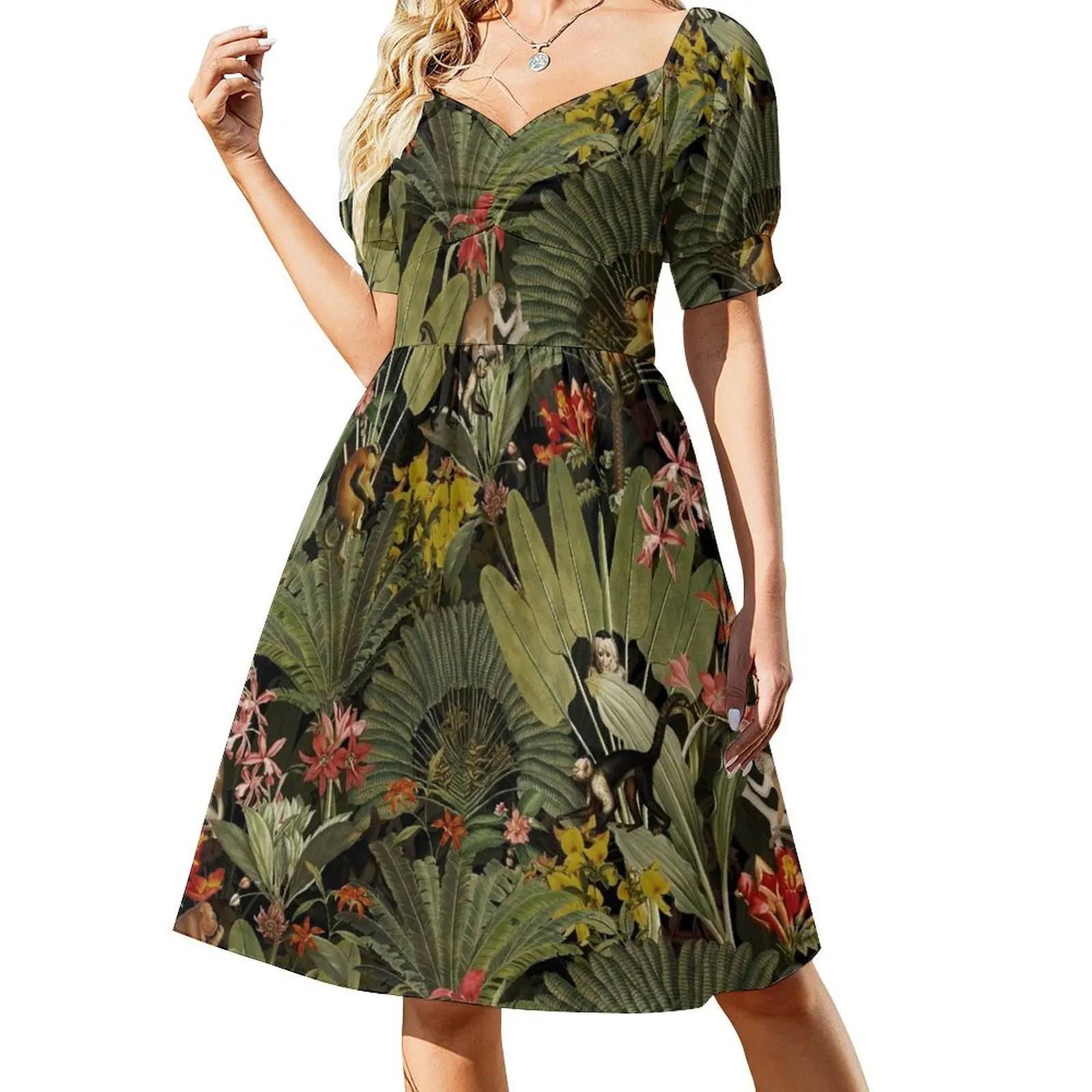 

Tropical Exotic Vintage Midnight Jungle Monkeys Night Garden Short Sleeved Dress long dress women dress summer