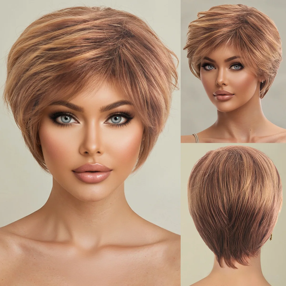 Cross border European and American wig women's brown gold dyed fluffy slightly curly short curly hair-Synthetic fiber wig