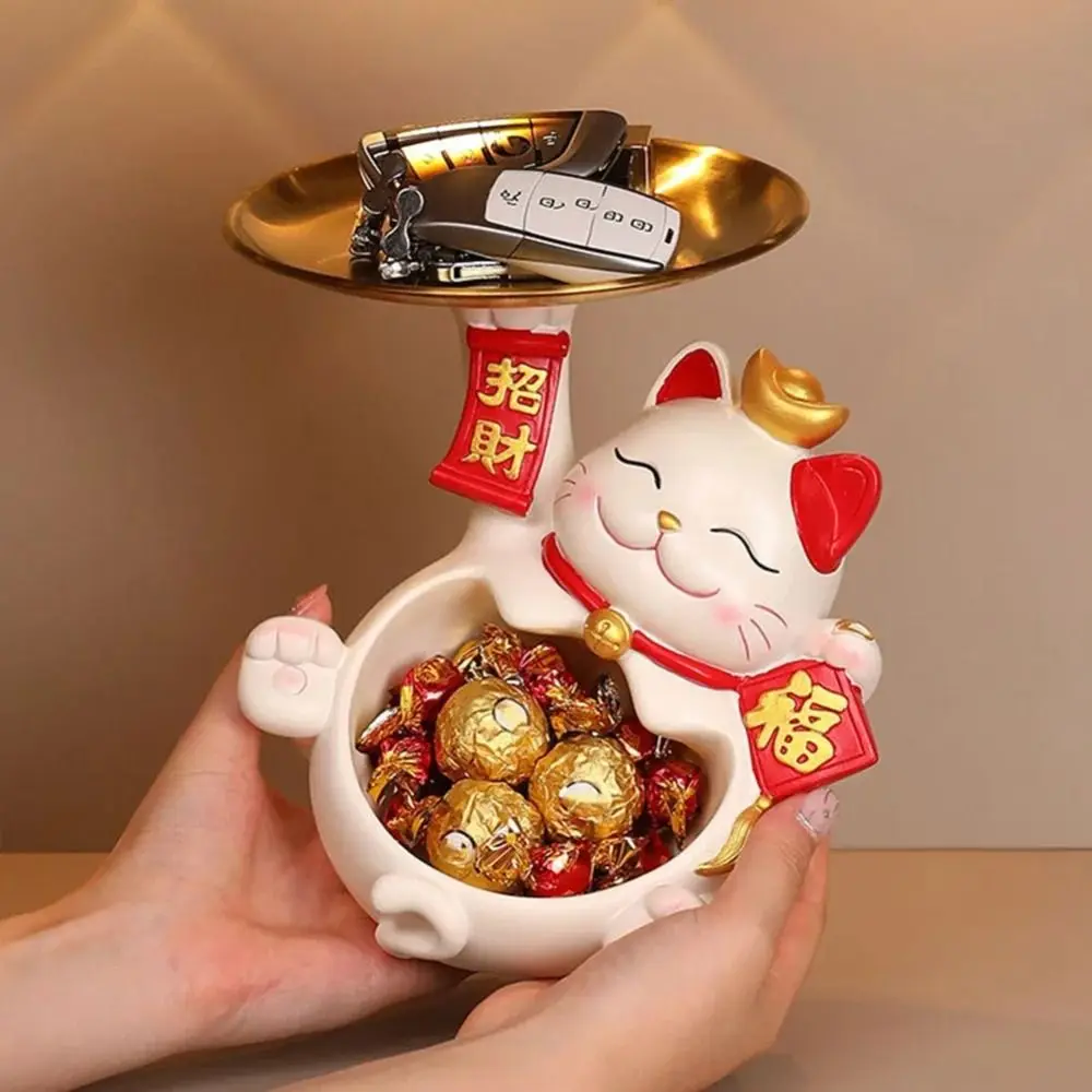

Resin Tray Entry Key Storage Ornaments Model Toy Statue Fortune Cat Key Storage Tray Cat Figure Collectible