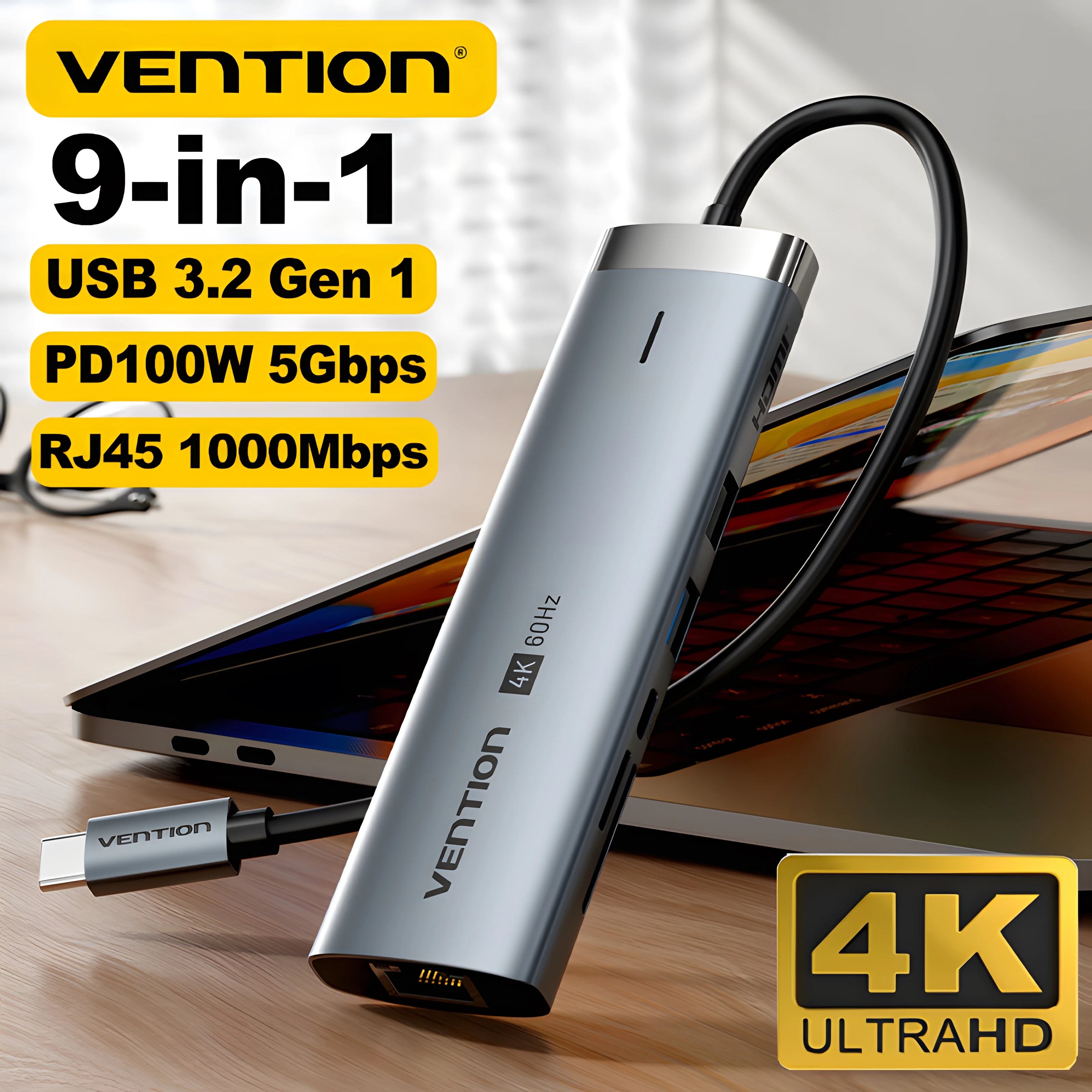 

Vention 9 IN 1 USB C 3.2 Gen2 Hub 4K 60Hz USB 3.0 Splitter 5Gbps Type C 100W Expansion Adapter for MacBook Xiaomi Lenovo Laptop