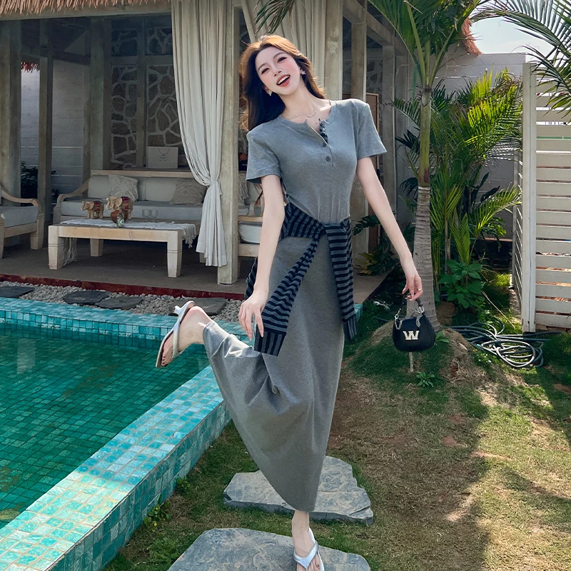 

Coigarsam Summer Casual Striped Black Gray Top Shirt Skirt Suit