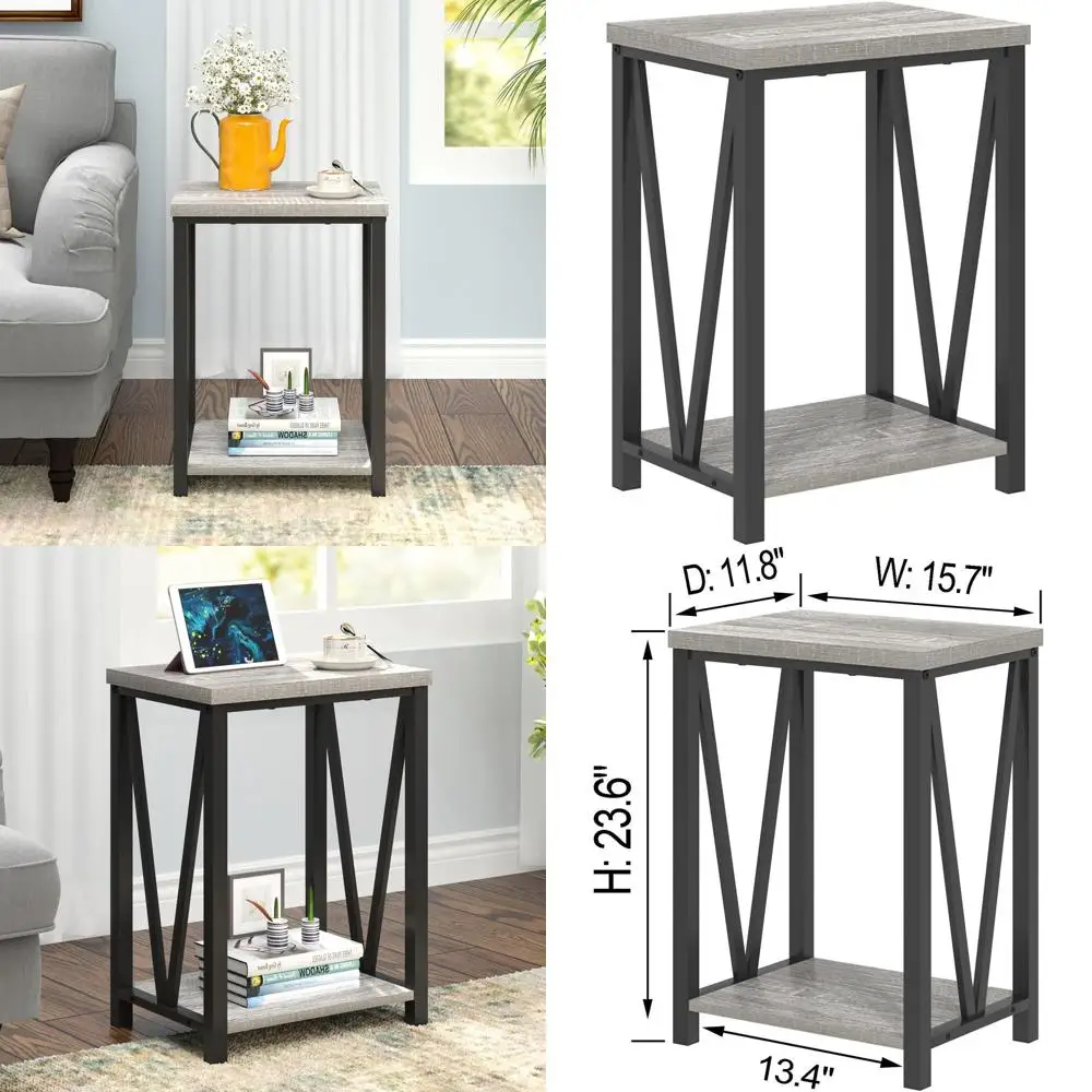 

Rustic Grey Wood and Metal End Table with Storage, Modern Nightstand for Small Spaces in Living Room or Bedroom