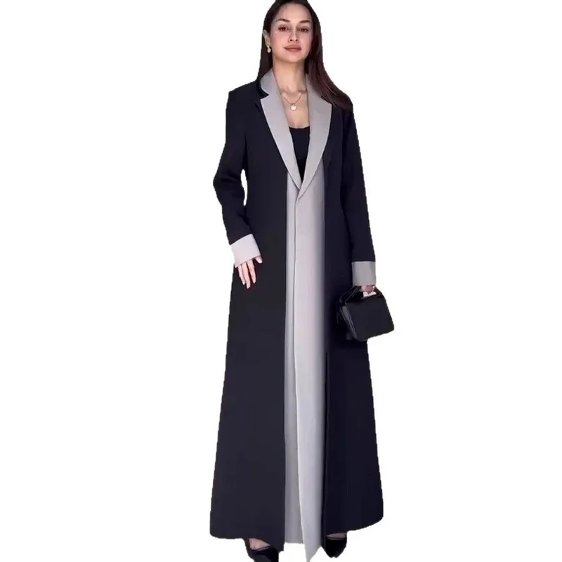 DFDG Colletto ribaltabile Falso in due pezzi Splicing 2025 Primavera Nuove donne Stile lungo Pavimento Trascinando Design Giacca di alta qualità