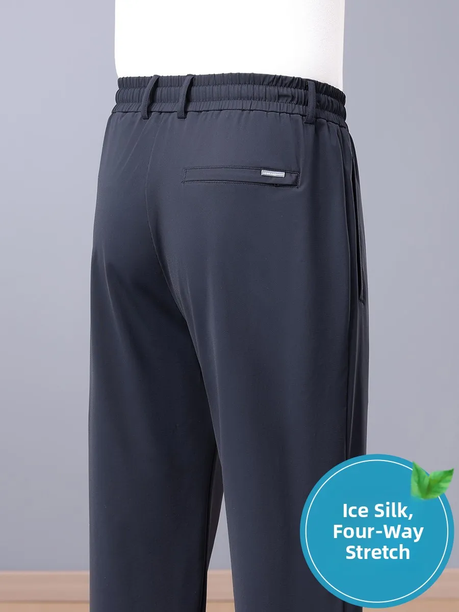 

Летние тонкие шелковые мужские повседневные брюки Ice Cool, свободные спортивные брюки прямого кроя, быстросохнущие, для мужчин среднего возраста, модные городские стильные брюки