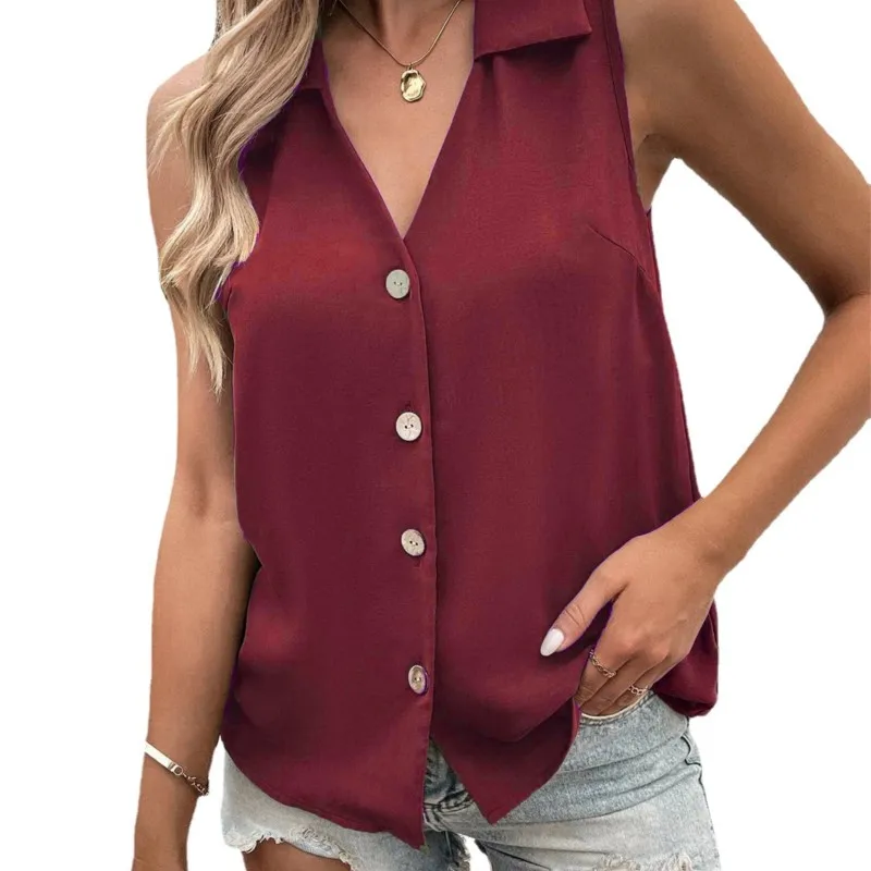 Summer Women's Sleeveless Shirt 2024 New Solid Color Lapel V-neck Loose Chiffon Shirt Elegant Twist Button Vest Blouse Ladies