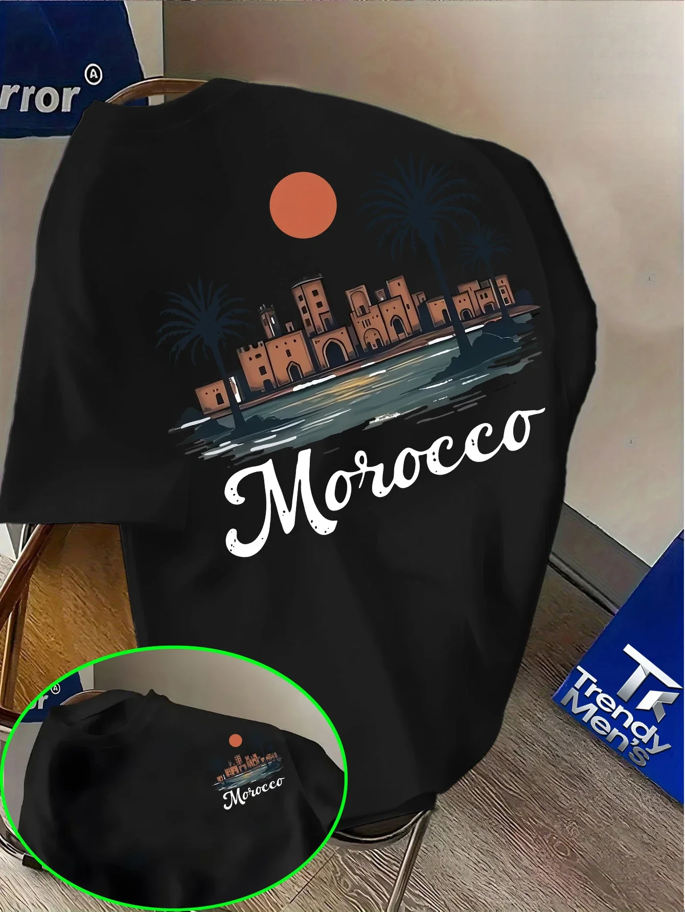 High-quality Pure Cotton Men's T-shirt, Featuring a Retro City Castle Landscape Print, Breathable Holiday Street Style.