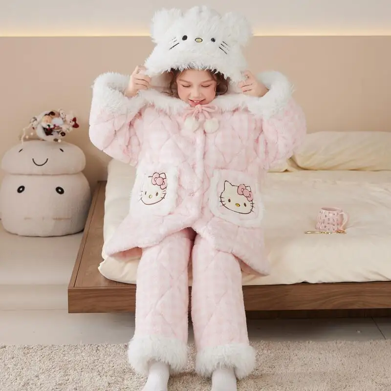 

Sanrio Kid Hello Kitty плюшевый пижамный комплект с капюшоном из мультфильма домашняя одежда аниме утолщенная одежда для сна костюм милая милая ночная рубашка подарок для девочки