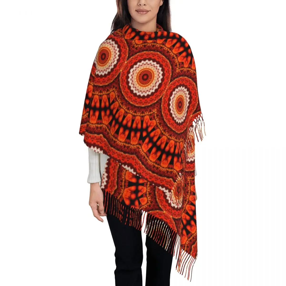 Lady Long Mexican Style Red Orange Mandala Flowers Stripe Scarves Women Winter Fall Thick Warm Tassel Shawl Wrap Scarf