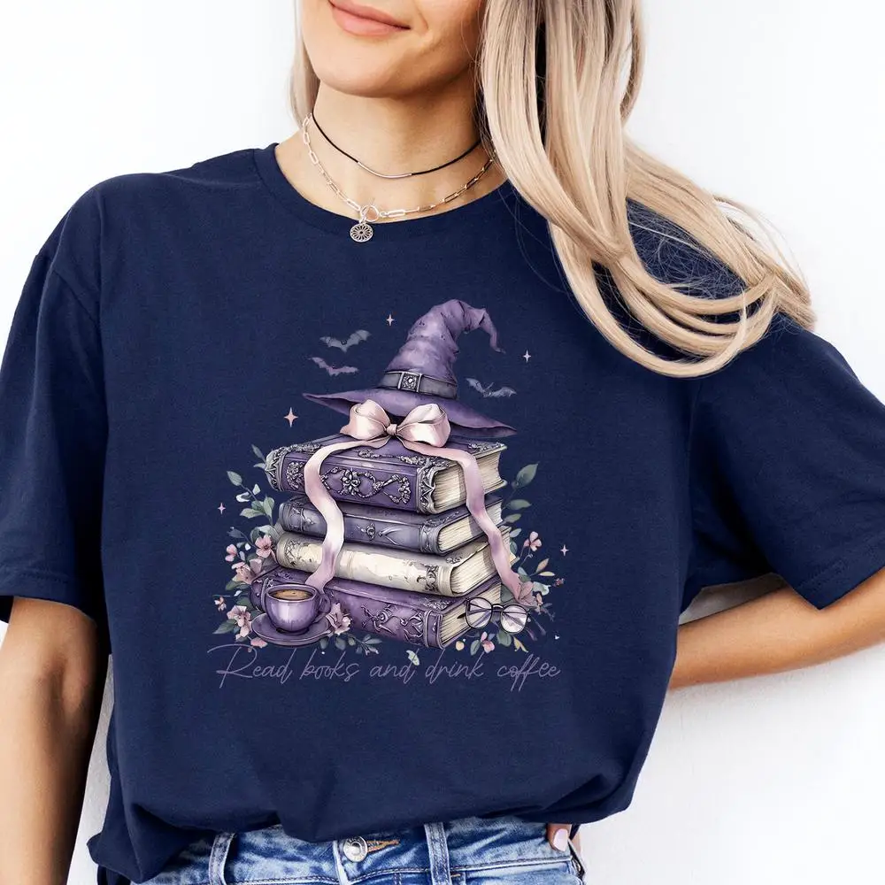 

Women Cotton T Shirt Purple Witch Books T-Shirt Cozy Fall Reading Tee Printed Graphic T Shirt Short Sleeve Fashion Crop Tops