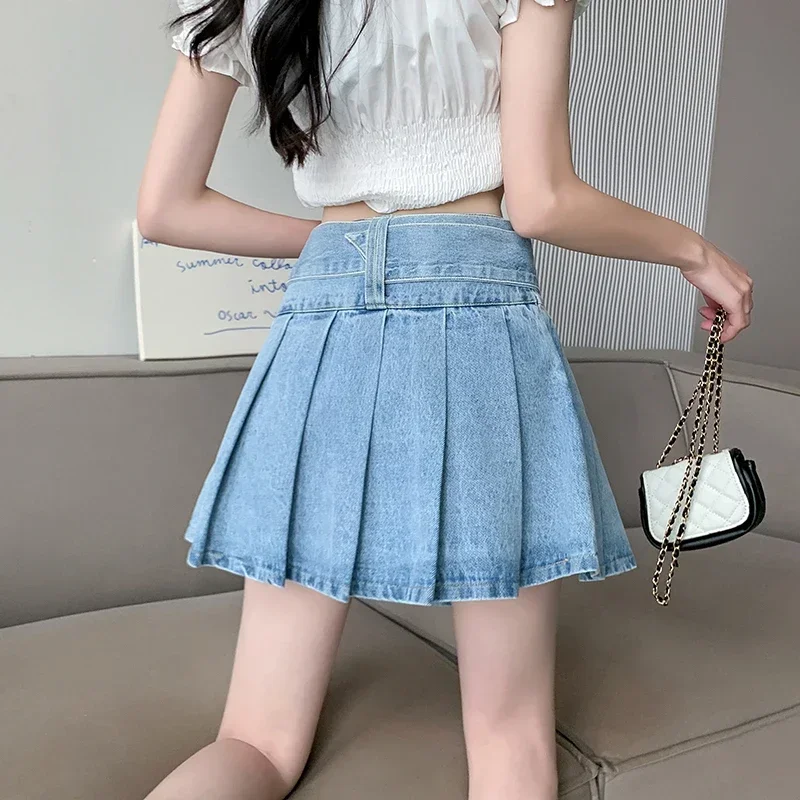 İlkbahar yaz yeni yüksek bel kadın Denim kısa etekler kuşaklı kot etekler kadın pileli seksi Mini etek Y2k etek