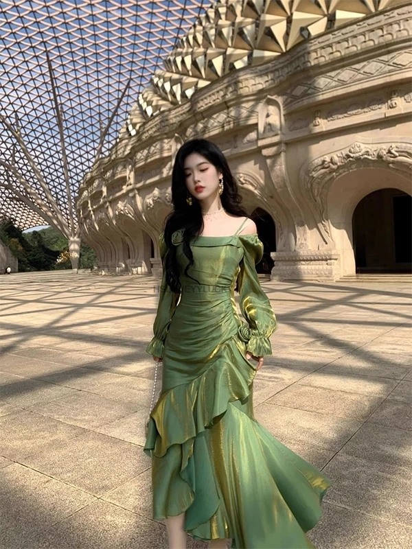 French Lace Frill Asymmetrical Hem Dress Summer New Mermaid Temperament Wasp Waist hip-hugging Long Women Sexy Dress