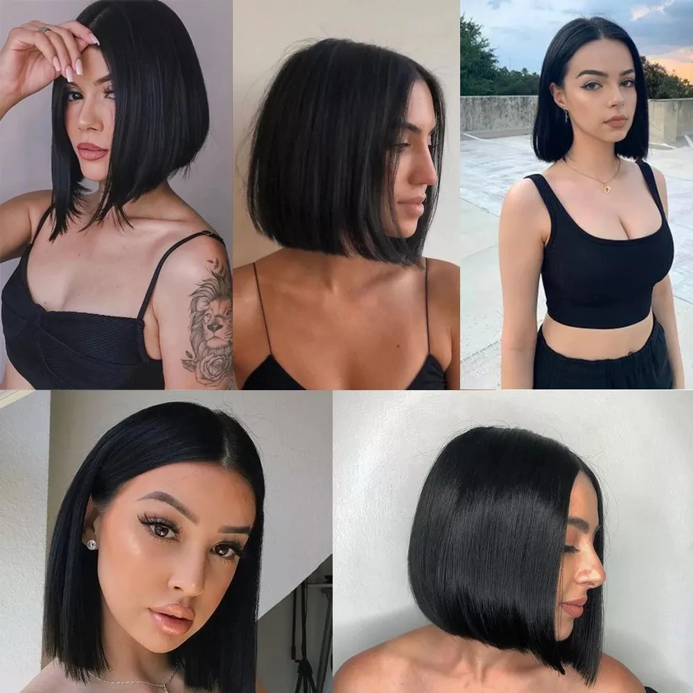 Natural Black Human Hair Wigs Bob Lace Front Wig with Baby Hair Middle Part Straight Remy Hair Wigs for Women 12 inch HAIRCUBE