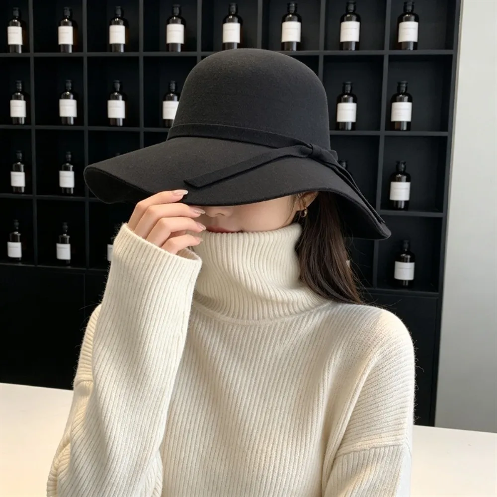Single Face Woolen Wide Brim Hat Adjustable Fits 55cm To 58cm Head Circumference Round Top Hat Fall Winter Formal Hat