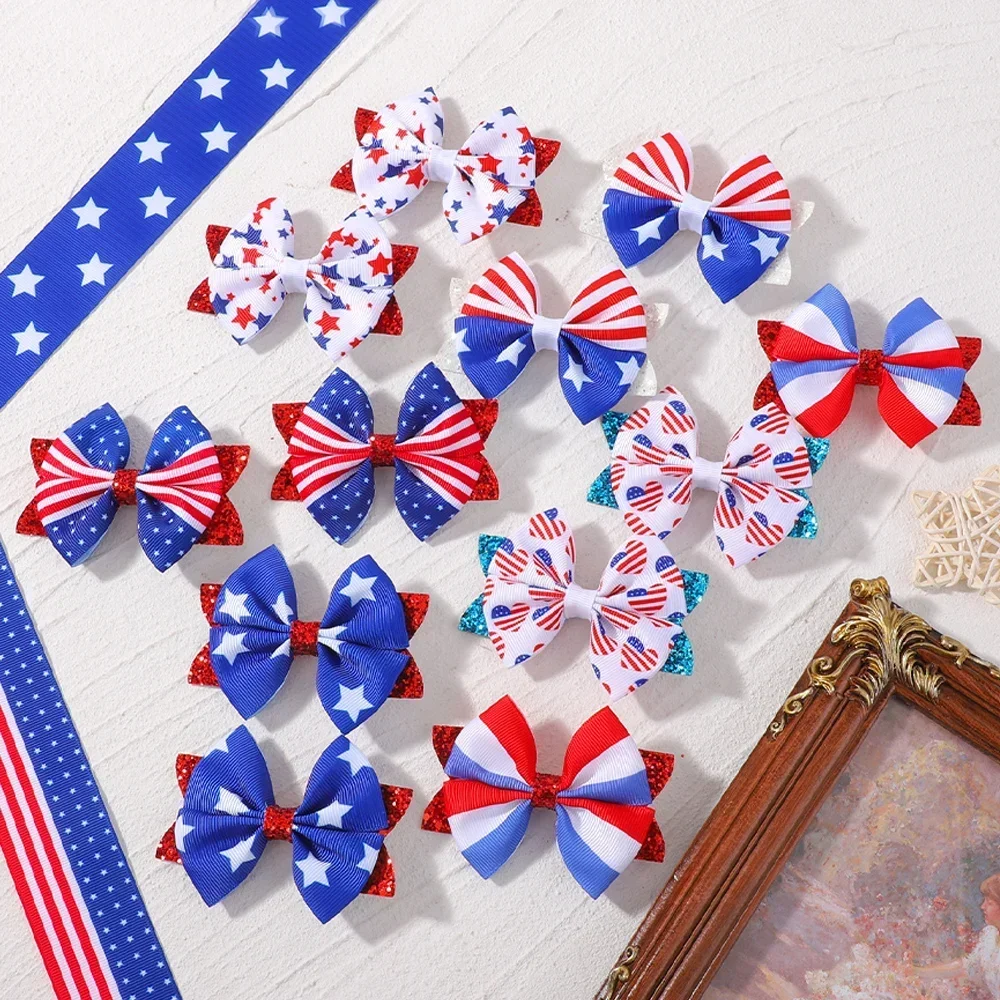 

BABY BOWS 2Pcs 3D Print Star Ribbon Hair Bows Clips for Kids Girls Bowknot Hairpin Headwear Independence Day Hair Accessories
