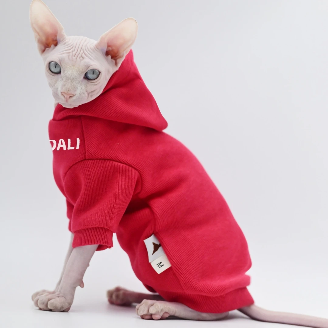 Hooded Red Sweatshirt with Letters for Sphynx Cat Winter Soft Fashion Coat for Kittens Warm Loungewear for Devon Rex in Autumn