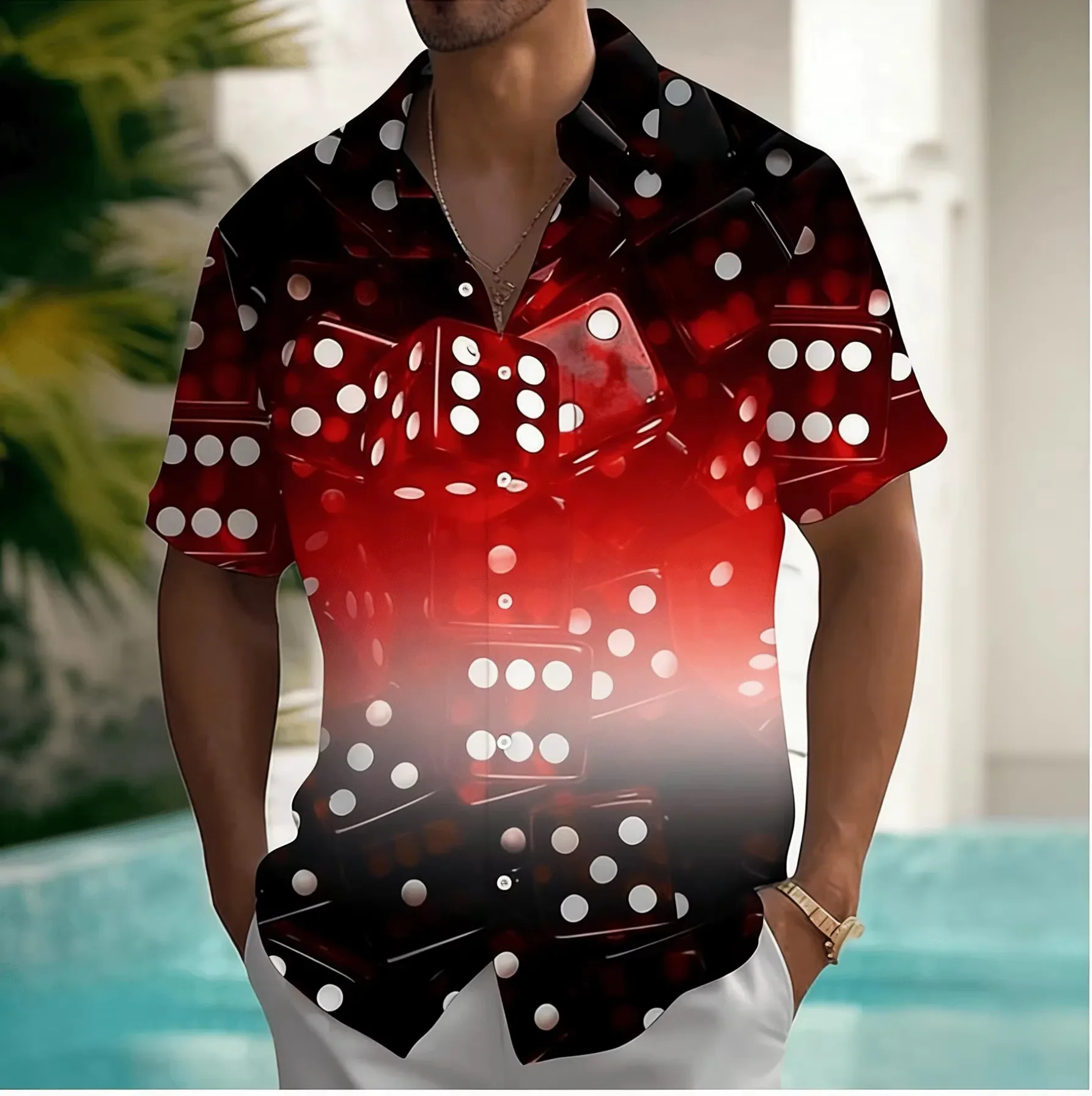Trendy Casual Chess and Card Elements Printed Shirt with Red Dice,black and Red Plum Square Poker,men's Summer Thin Casual Shirt