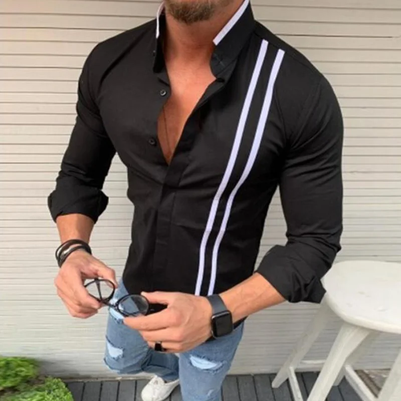 Hot selling spring and autumn striped contrasting stand up collar button up long sleeved men\'s casual shirt in large size