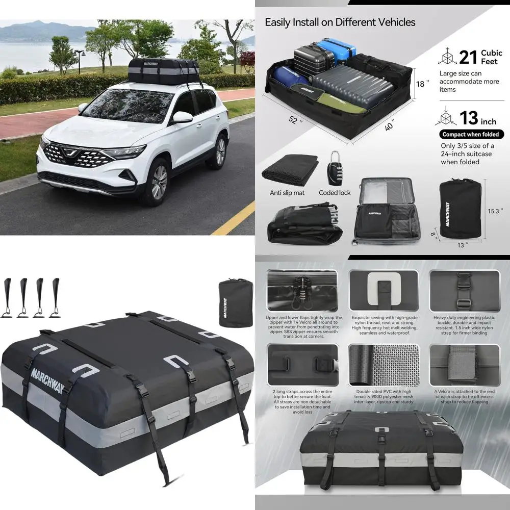 

Black 21ft³ Waterproof Rooftop Bag with 6 Hooks, Anti-Slip Mat & Lock for Cars with or without Rack