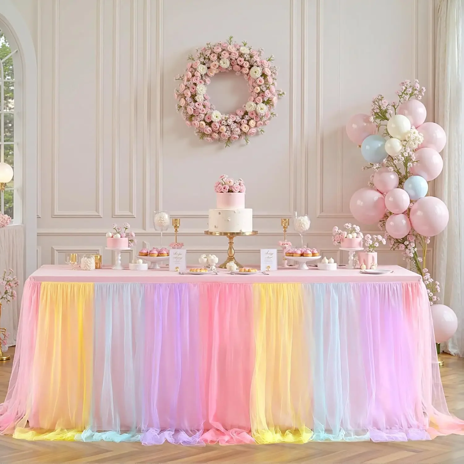 6 Pack 6ft Rainbow Tulle Tablecloths for Rectangle Tables, 6 Foot Rainbow Rectangular Table Cloth Wrinkle Free Tablecover with T