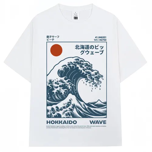 Imagen 2 del producto Camiseta Vintage de estilo japonés Hokkaido Wave para hombre y mujer, camisetas de moda Harajuku de alta calidad, camiseta de verano de algodón de gran tamaño