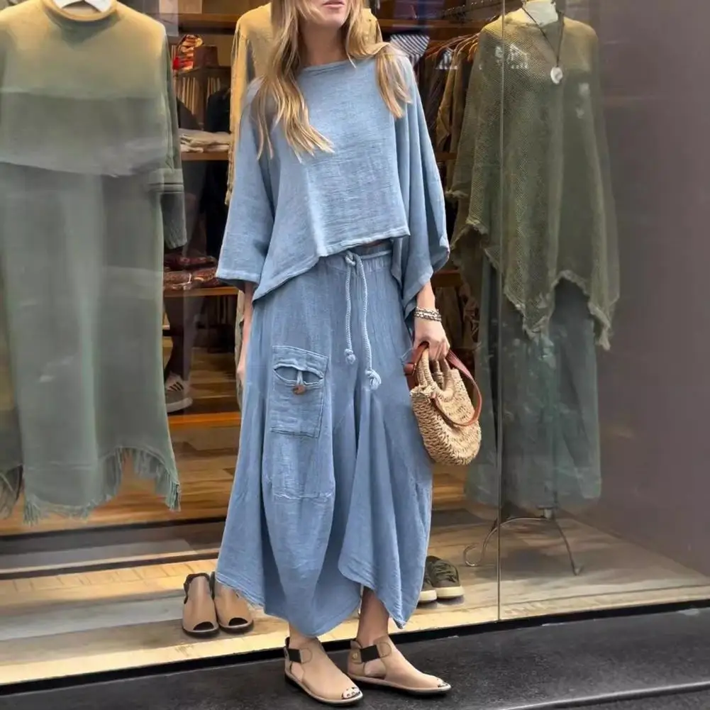 

Women Top Skirt Set Women Clothes 2 Pcs Women Top Skirt Set Vintage Round Neck Three Quarter Sleeve Blouse Elastic Waist