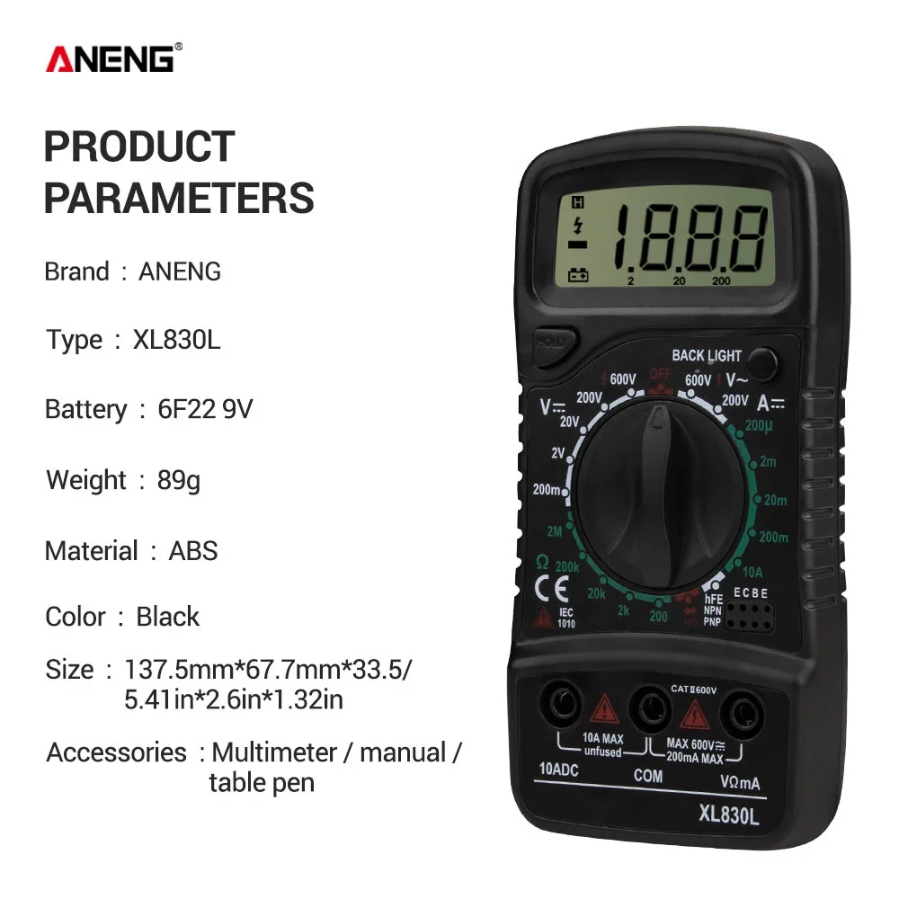 ANENG XL830L الرقمية متعددة Esr متر اختبار السيارات الكهربائية Dmm ترانزستور الذروة تستر متر السعة متر