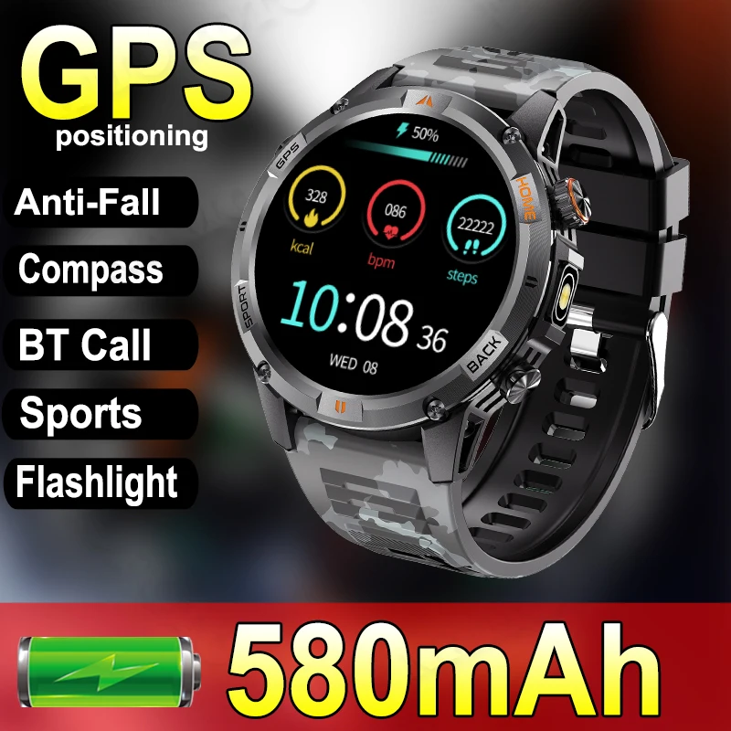 GPS البوصلة ساعة ذكية الرجال النساء الرياضة في الهواء الطلق العسكرية الصف ساعات المعصم 580mAh بطارية كبيرة مصباح يدوي BT دعوة Smartwatch #1