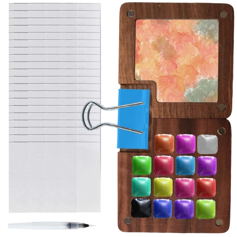 Boîte palettes d'aquarelle en bois avec clip, pour artiste peintre