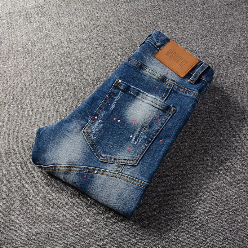 Fashion Designer Men Jeans Retro Washed Blue Elastic Slim Painted Ripped Jeans Men Spliced Hip Hop Vintage Denim Pants Hombre