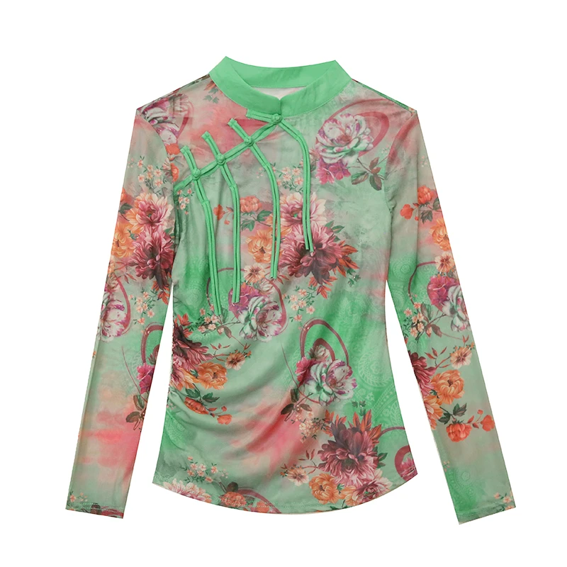 S-3XL Mesh T Shirts Female Full Sleeve High Stretchy Printed Flowers TShirt Women Chinese Style Vintage Collar Top FF0838