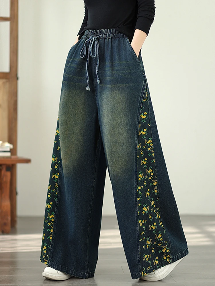 NYFS Vintage Fashion Print plus maat losse damesjeans elastische taille wijde pijpen broek herfst denim broek