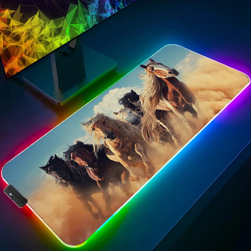 LED Mouse Pad Gamer Besar XXL Tablet Varmilo Keyboard Karpet Aksesoris Gaming Kuda Lari RGB Mousepad Hadiah Ulang Tahun