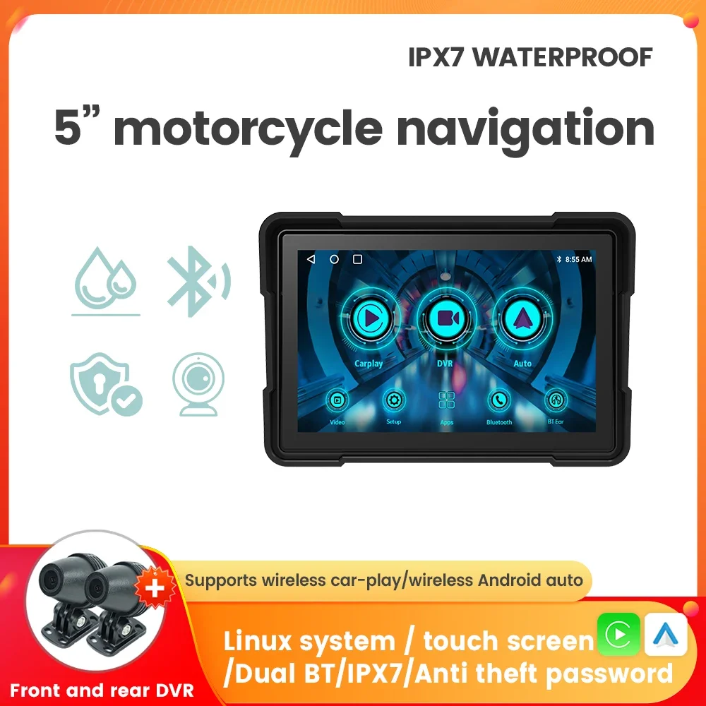 

5-Inch Screen Motorcycle Navigation GPS Wireless Carplay/Android Auto Linux System BT IP7X Waterproof with Front and Rear DVR