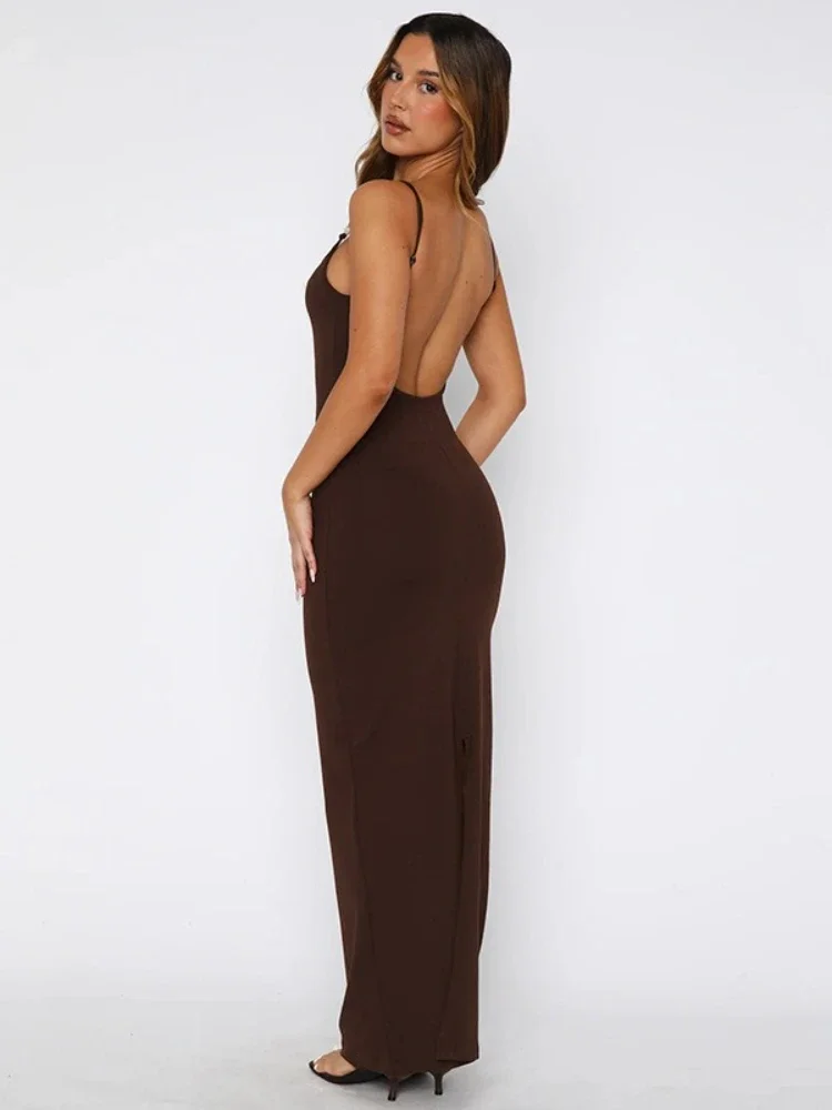 Woman Clothing Beading Spaghetti Strap Dress 2025 Summer Sexy Sleeveless Backless Long Dress Female Holiday Beach Outfit Brown