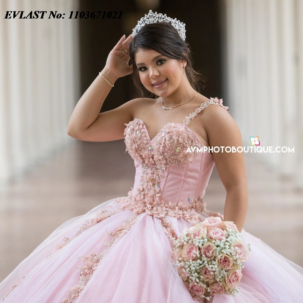 EVLAST personalizado Rosa vestido para quinceañeras vestido De baile Apliques De encaje con cuentas corsé mexicano dulce 16 Vestidos De 15 Anos SQ595