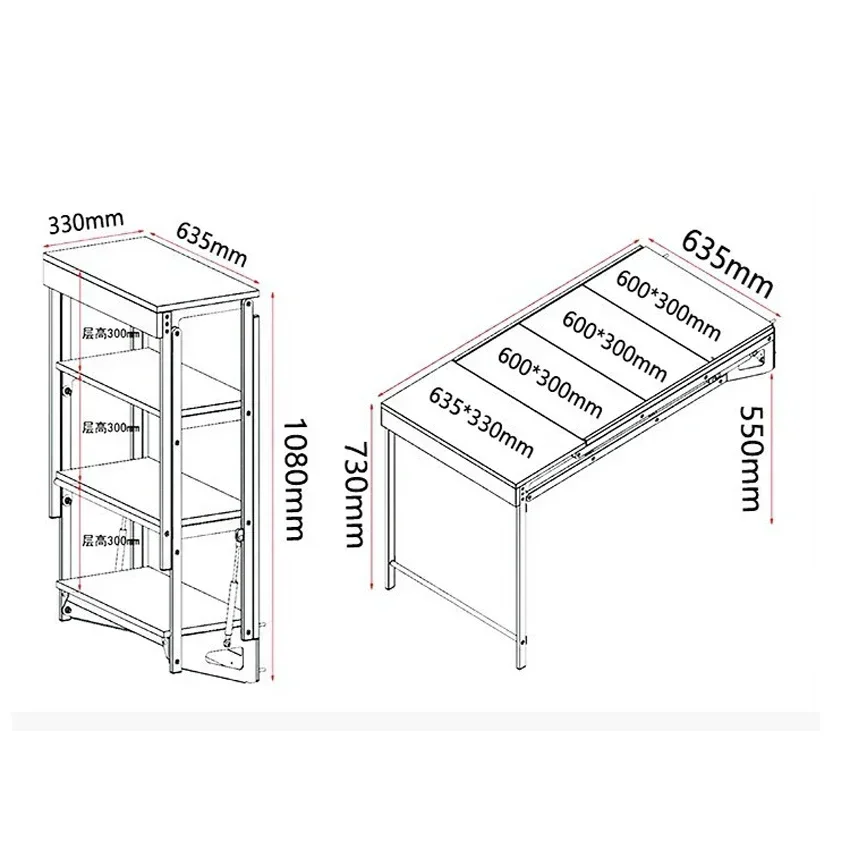 Wandgemonteerde Plank Variabele Eettafel, Onzichtbare Telescopische Ophanging 4-laags Vouwtafel W635 * L1240 * H 730Mm Multi-Color